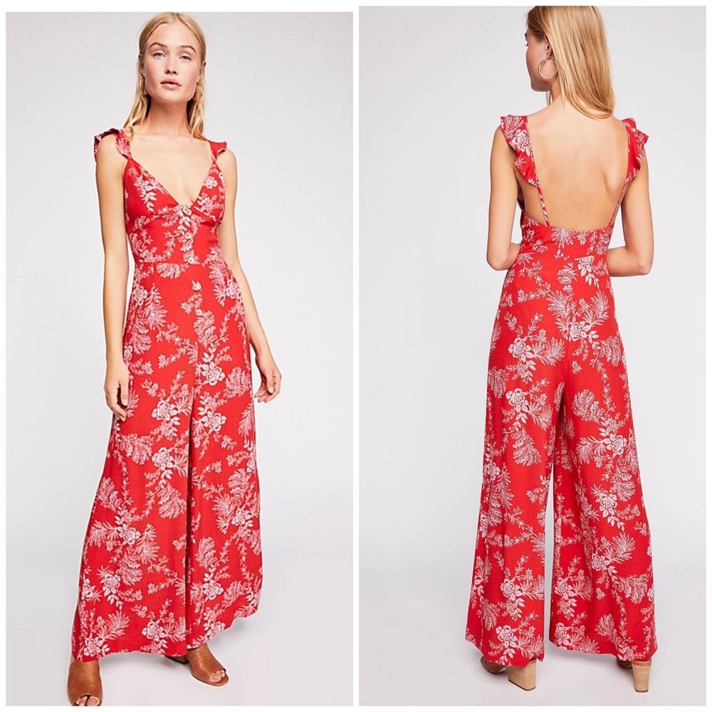 Free People Red and Pink Floral Jumpsuit with Ruffled Straps